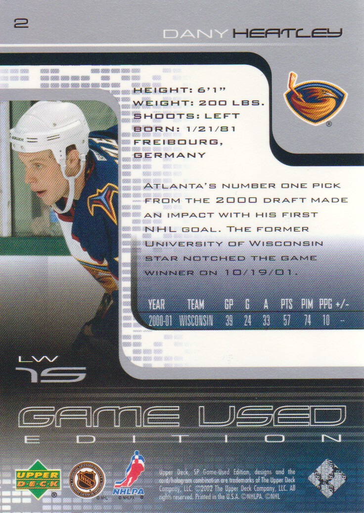 2001-02 SP Game Used #2 Dany Heatley back image