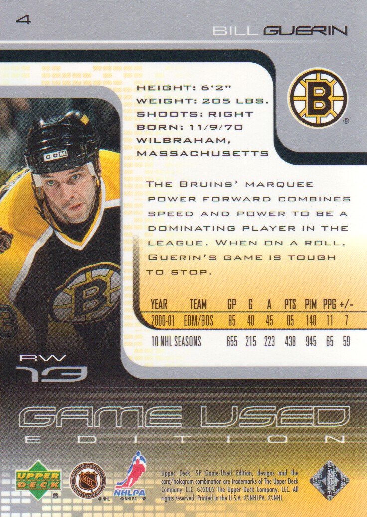 2001-02 SP Game Used #4 Bill Guerin back image