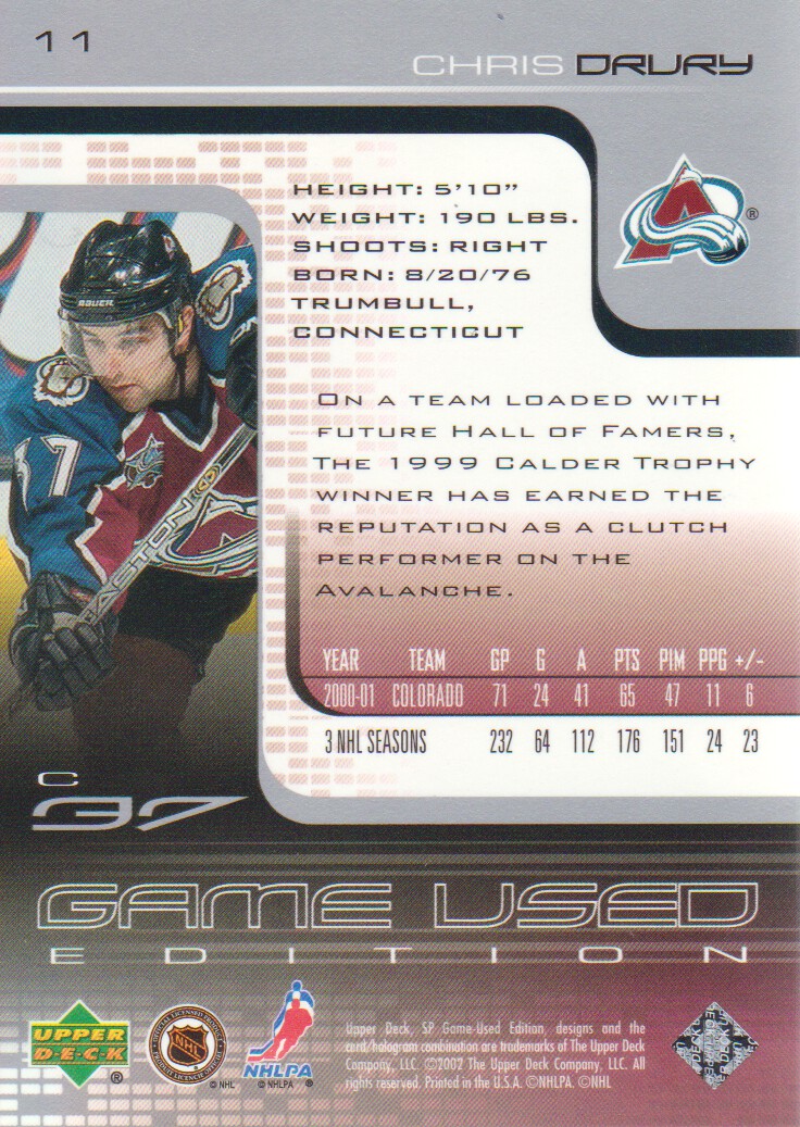2001-02 SP Game Used #11 Chris Drury back image