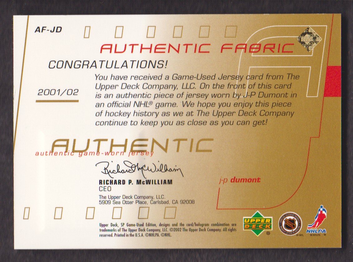 2001-02 SP Game Used Authentic Fabric Gold #AFJD J-P Dumont back image