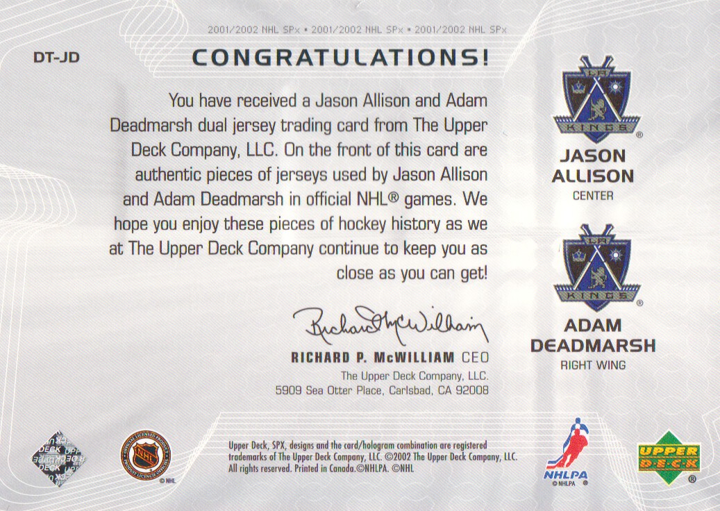 2001-02 SPx Hidden Treasures #DTJD Jason Allison/Adam Deadmarsh back image
