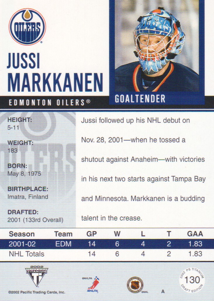 2001-02 Titanium Draft Day Edition #130 Jussi Markkanen back image