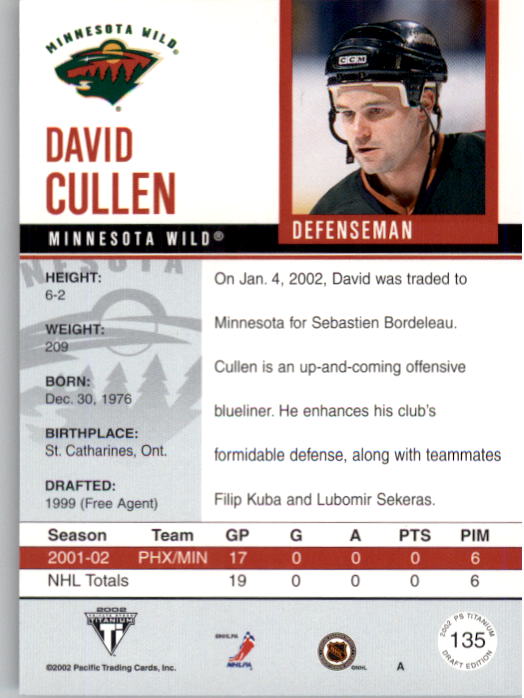 2001-02 Titanium Draft Day Edition #135 David Cullen RC back image