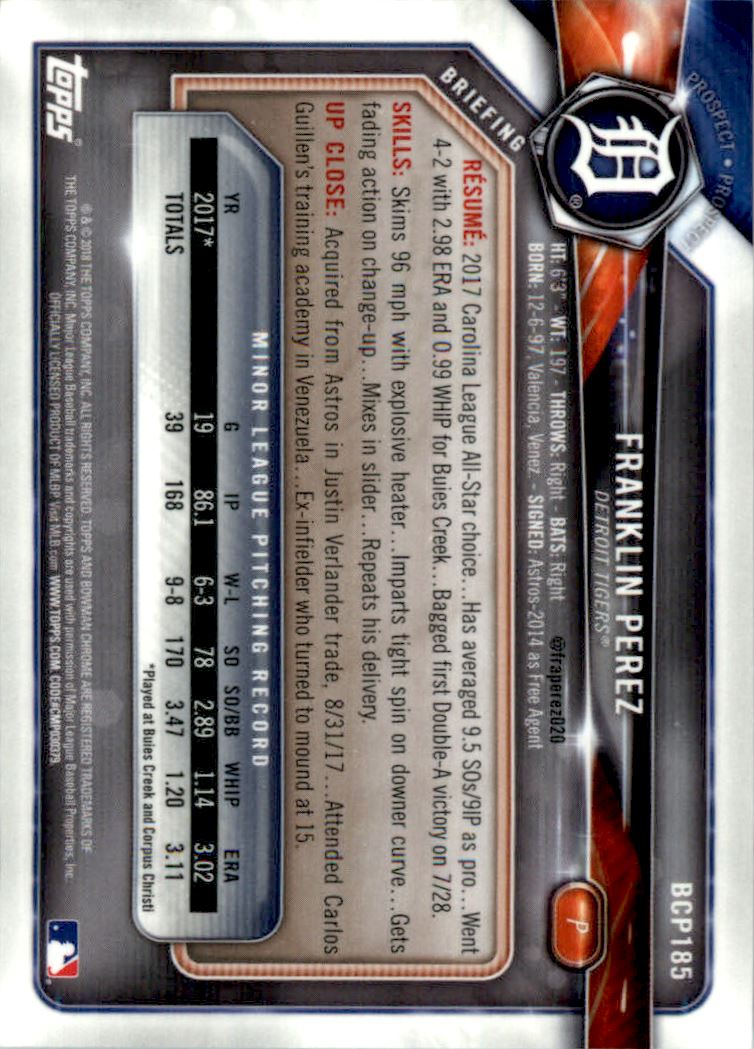 2018 Bowman Chrome Prospects Purple Refractors #BCP185 Franklin Perez