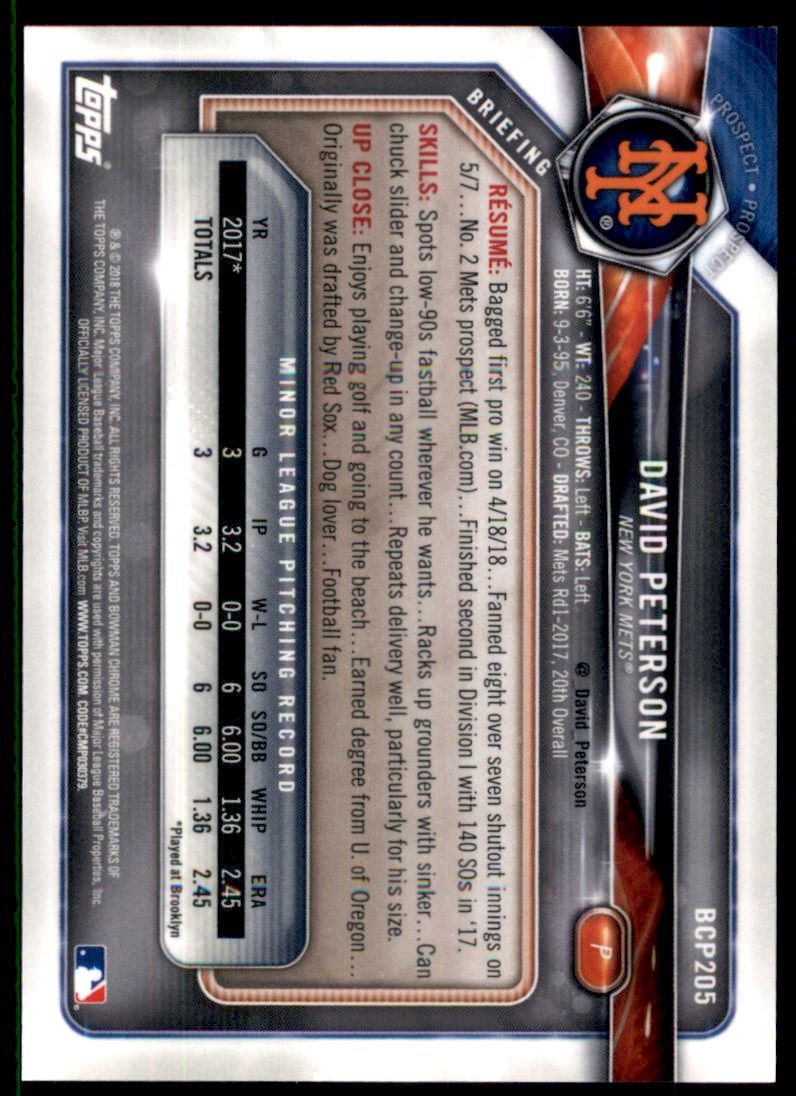 2018 Bowman Chrome Prospects Green Shimmer Refractors #BCP205 David Peterson