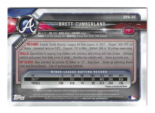2018 Bowman Chrome Prospect Autographs #CPABC Brett Cumberland back image