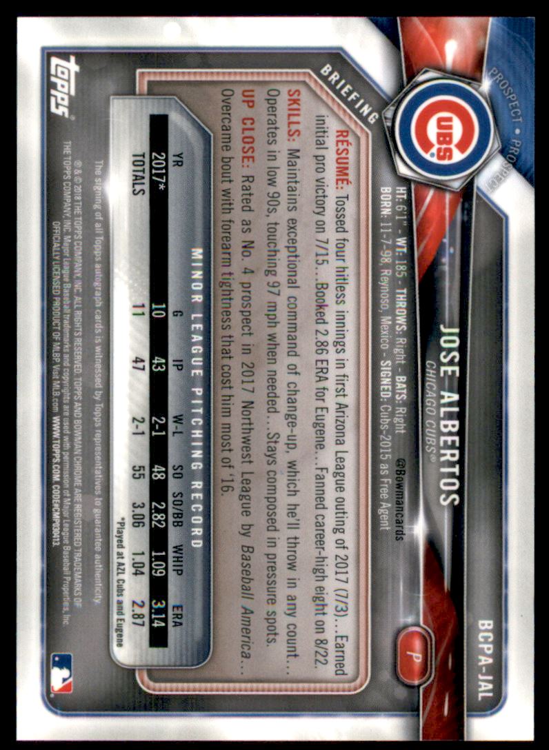 2018 Bowman Chrome Prospect Autographs Purple Refractors #BCPAJAL Jose Albertos