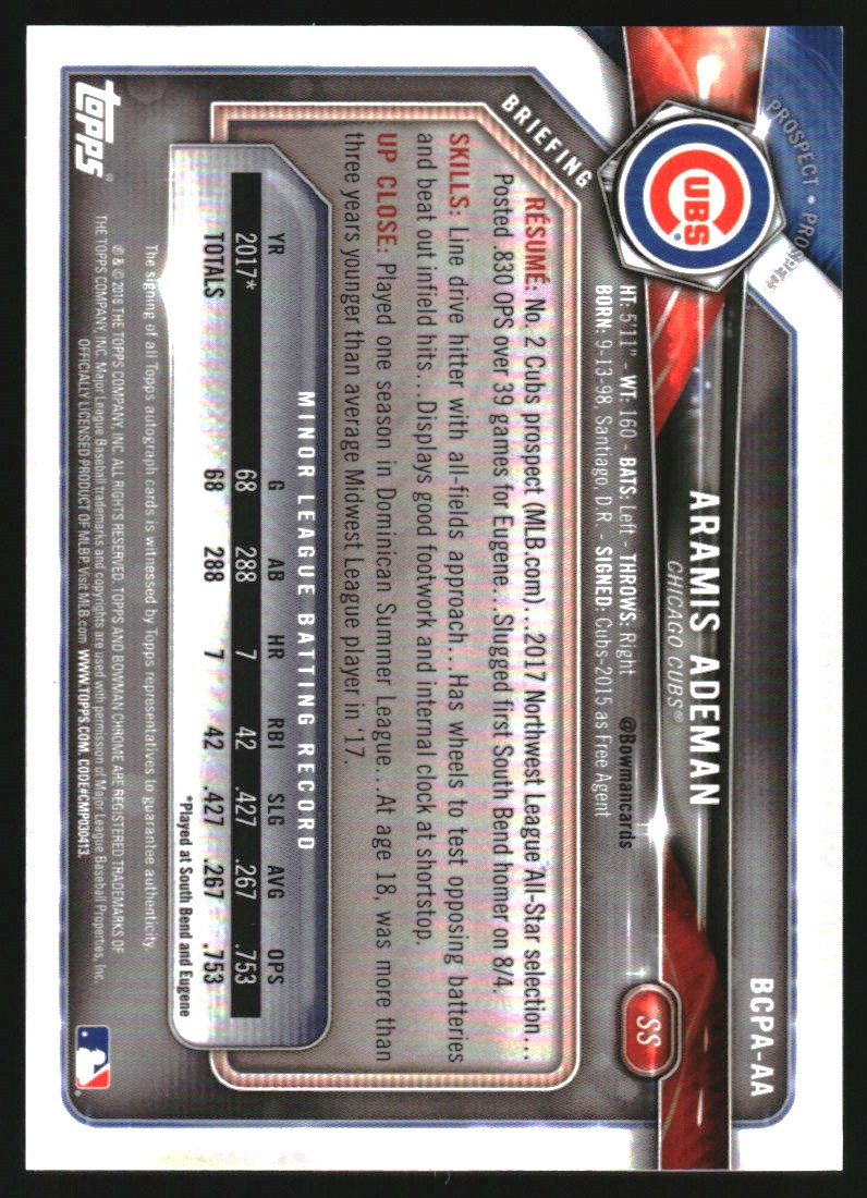 2018 Bowman Chrome Prospect Autographs Blue Refractors #BCPAAA Aramis Ademan
