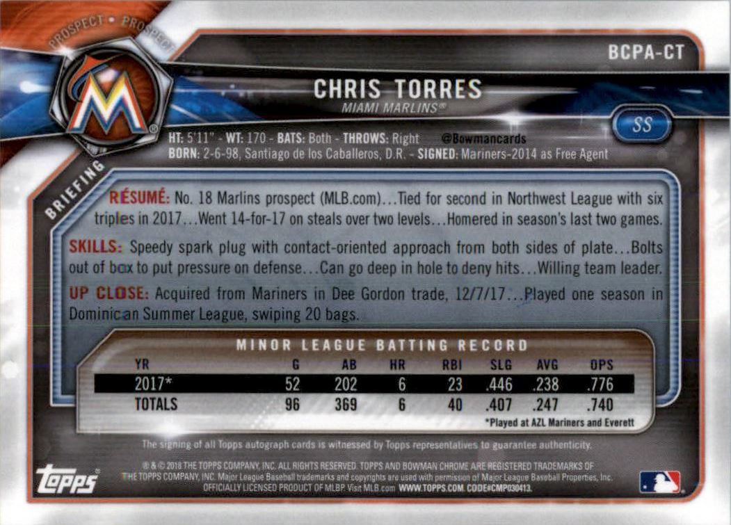 2018 Bowman Chrome Prospect Autographs Blue Refractors #BCPACT Chris Torres