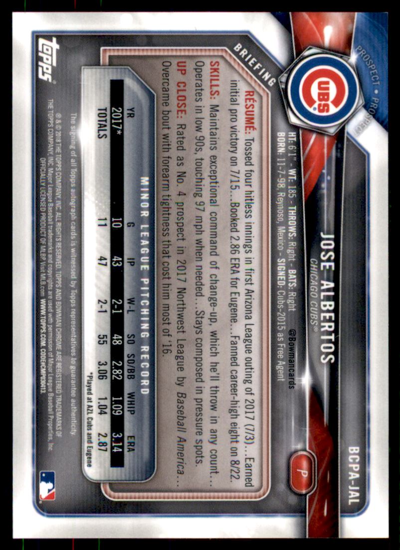 2018 Bowman Chrome Prospect Autographs Green Refractors #BCPAJAL Jose Albertos