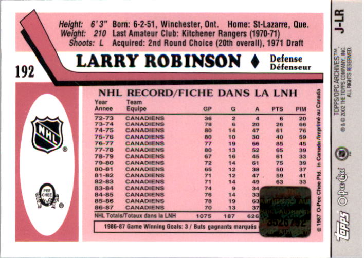 2001-02 Topps Archives Relics #JLR Larry Robinson J back image
