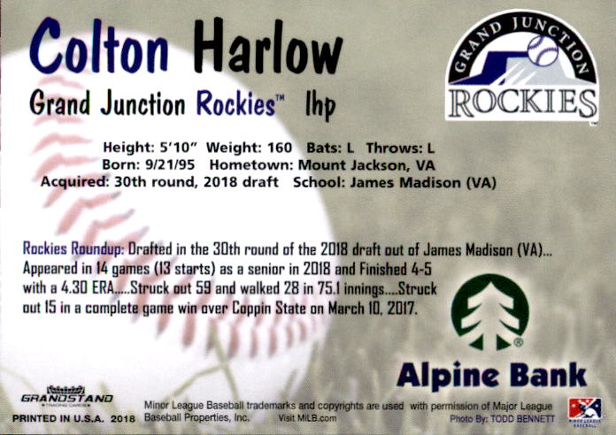 2018 Grand Junction Rockies Grandstand #19 Colton Harlow back image