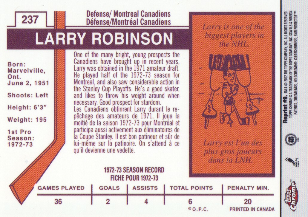 2001-02 Topps Chrome Reprints #9 Larry Robinson back image