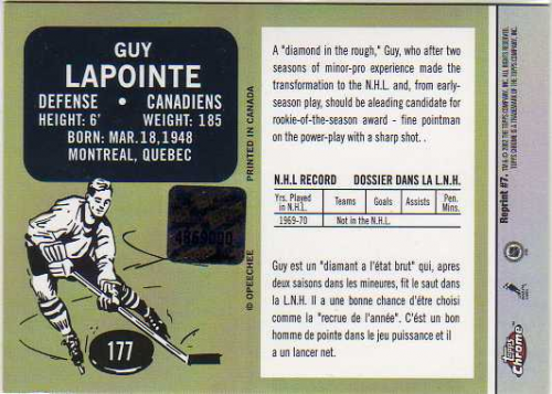 2001-02 Topps Chrome Reprint Autographs #7 Guy Lapointe/200 back image