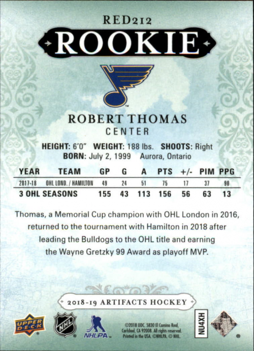 2018-19 Artifacts #RED212 Robert Thomas back image