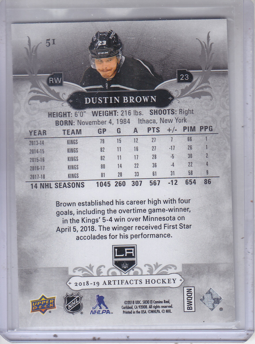 2018-19 Artifacts Ruby #51 Dustin Brown back image