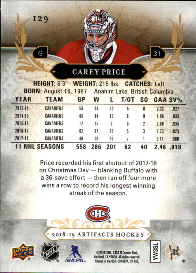 2018-19 Artifacts Ruby #129 Carey Price S back image