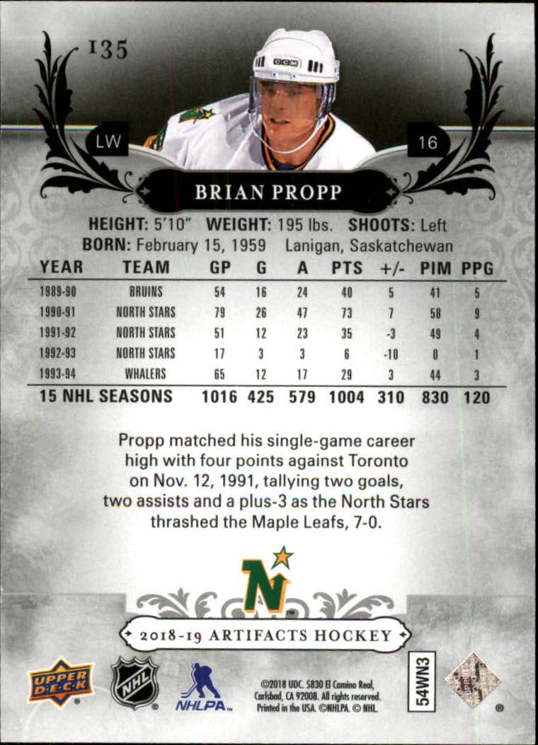 2018-19 Artifacts Ruby #135 Brian Propp LEG back image