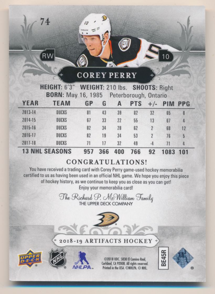 2018-19 Artifacts Materials Silver #74 Corey Perry back image