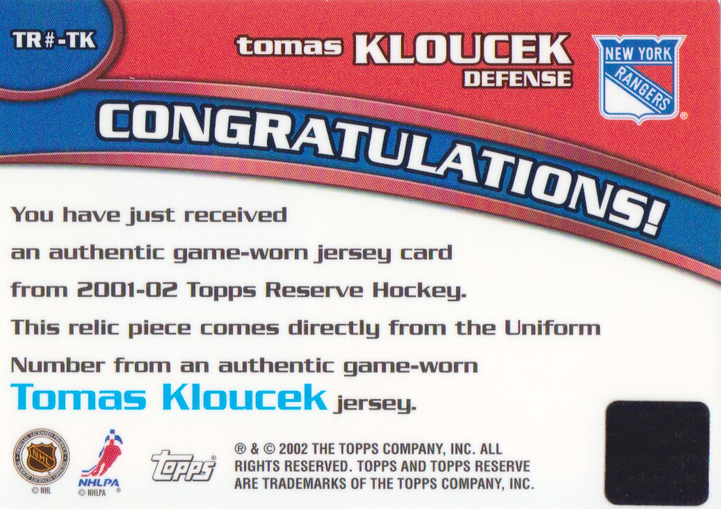 2001-02 Topps Reserve Numbers #TK Tomas Kloucek back image