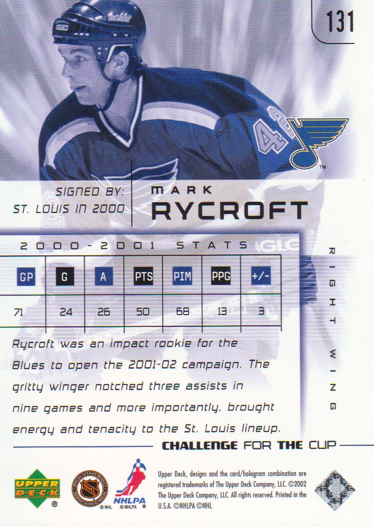 2001-02 UD Challenge for the Cup #131 Mark Rycroft RC back image