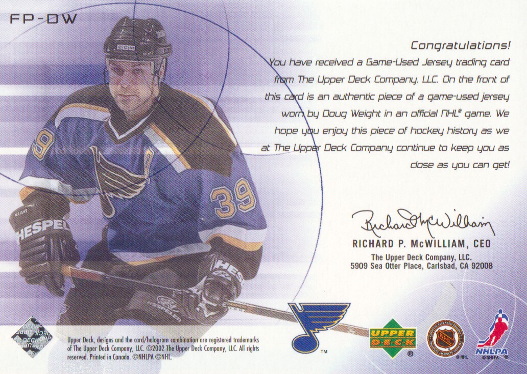 2001-02 UD Challenge for the Cup Jerseys #FPDW Doug Weight back image