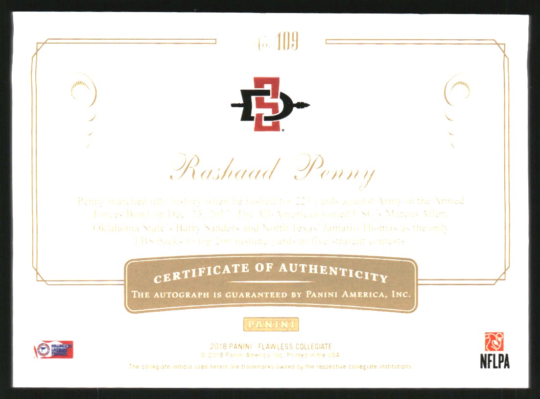 2018 Panini Flawless Collegiate Rookie Team Slogan Signatures #109 Rashaad Penny