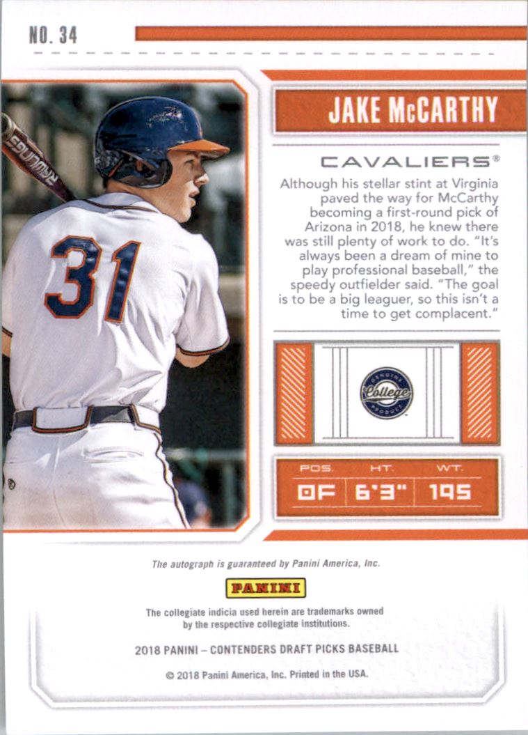 2018 Panini Contenders Draft Picks Draft Ticket Autographs #34 Jake McCarthy