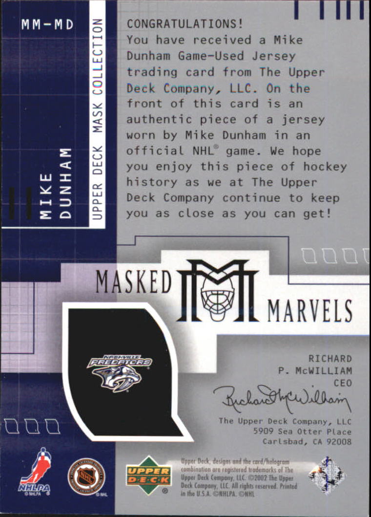 2001-02 UD Mask Collection Goalie Jerseys #MMMD Mike Dunham MM back image