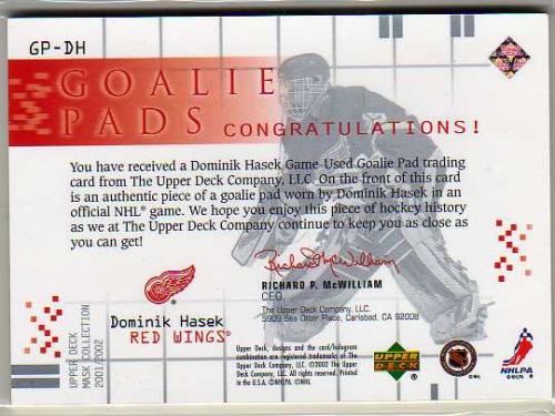 2001-02 UD Mask Collection Goalie Pads #GPDH Dominik Hasek back image