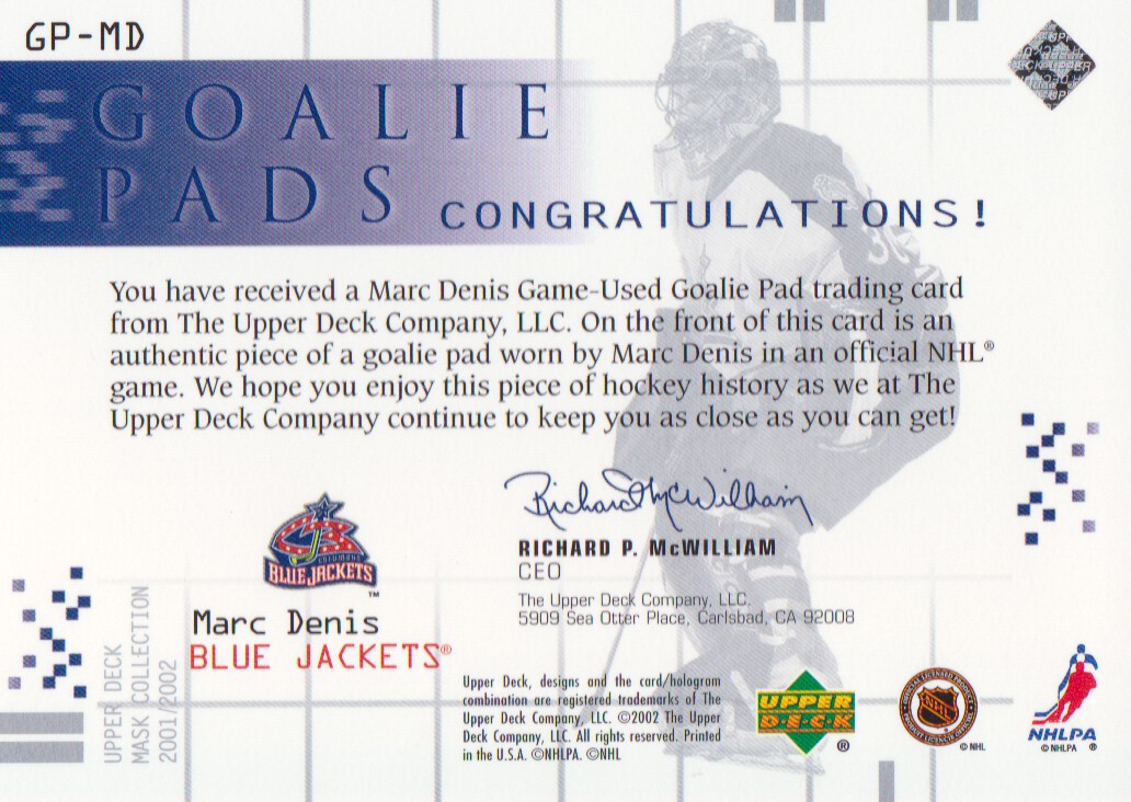 2001-02 UD Mask Collection Goalie Pads #GPMD Marc Denis back image
