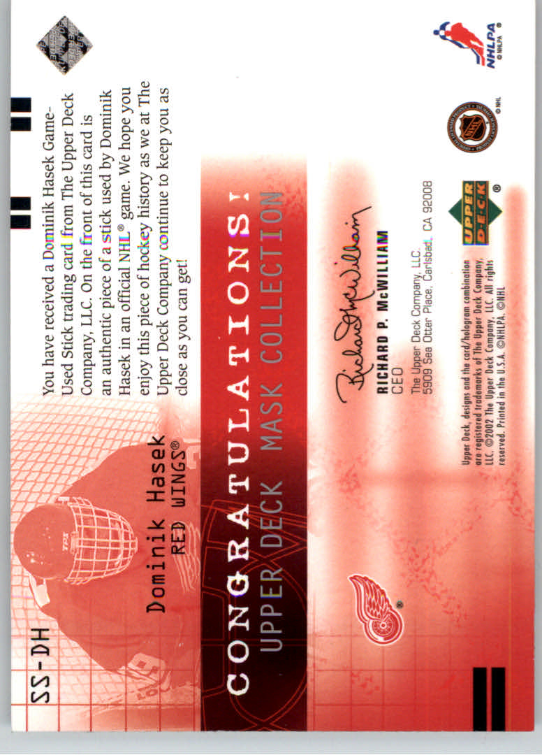 2001-02 UD Mask Collection Sticks #SSDH Dominik Hasek back image