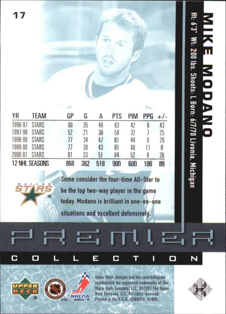 2001-02 UD Premier Collection #17 Mike Modano back image