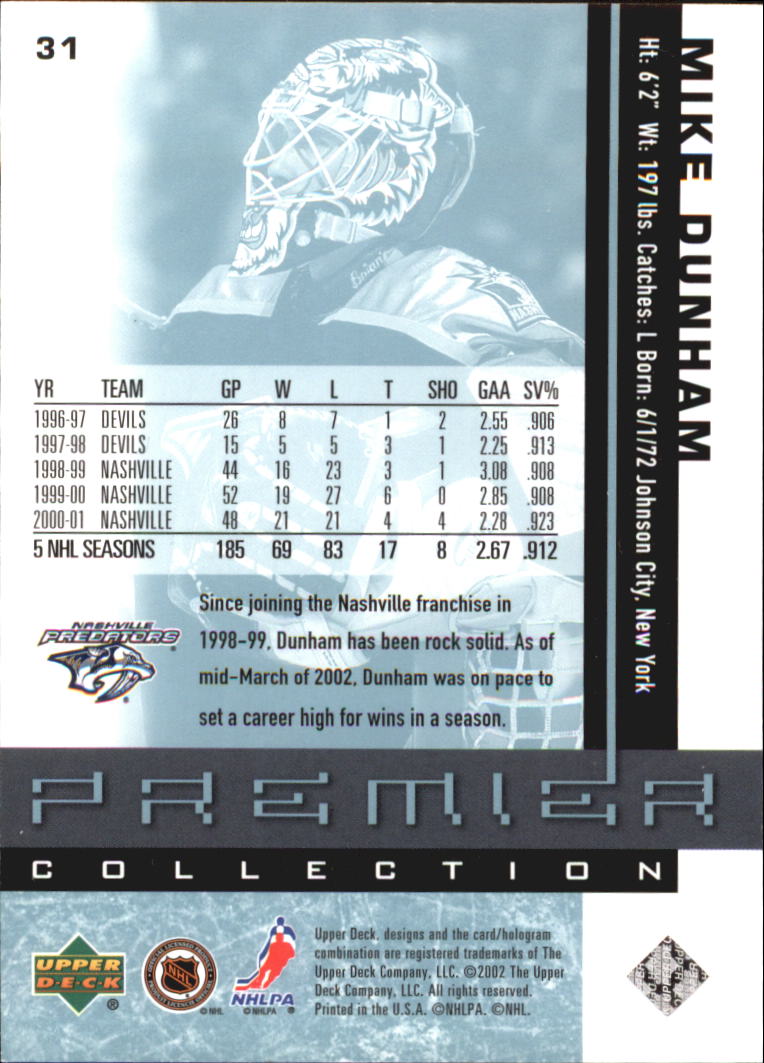 2001-02 UD Premier Collection #31 Mike Dunham back image