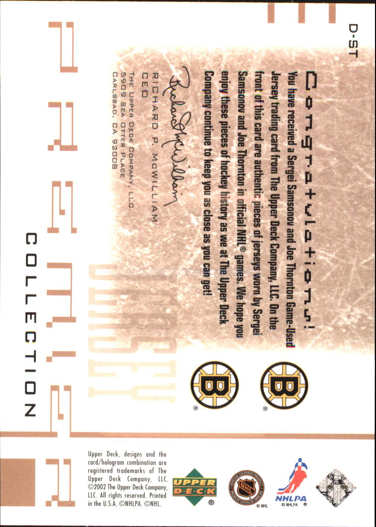 2001-02 UD Premier Collection Dual Jerseys #DST S.Samsonov/J.Thornton