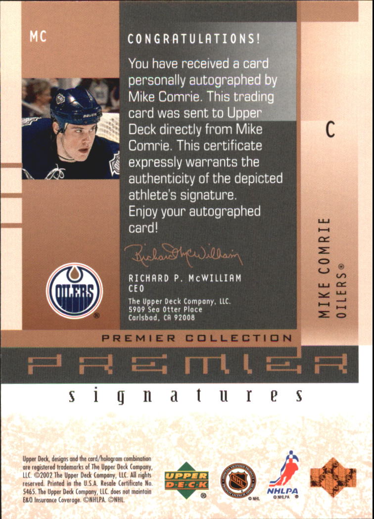2001-02 UD Premier Collection Signatures #MC Mike Comrie B back image
