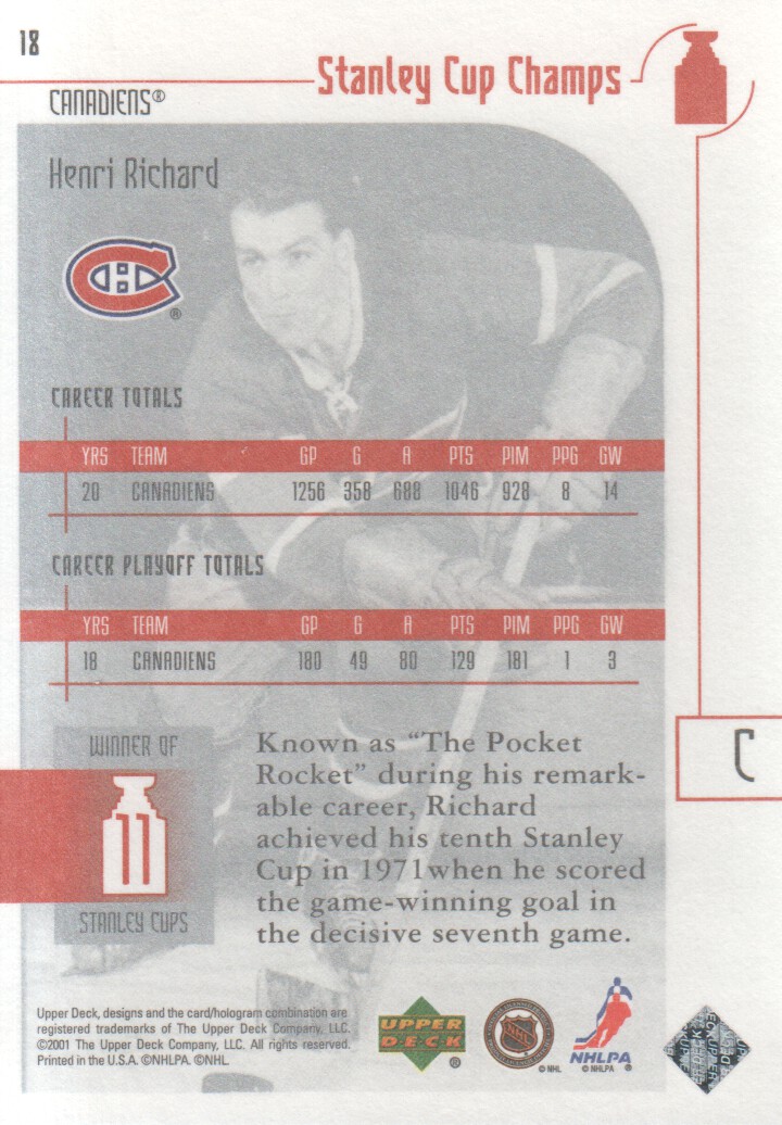 2001-02 UD Stanley Cup Champs #18 Henri Richard back image