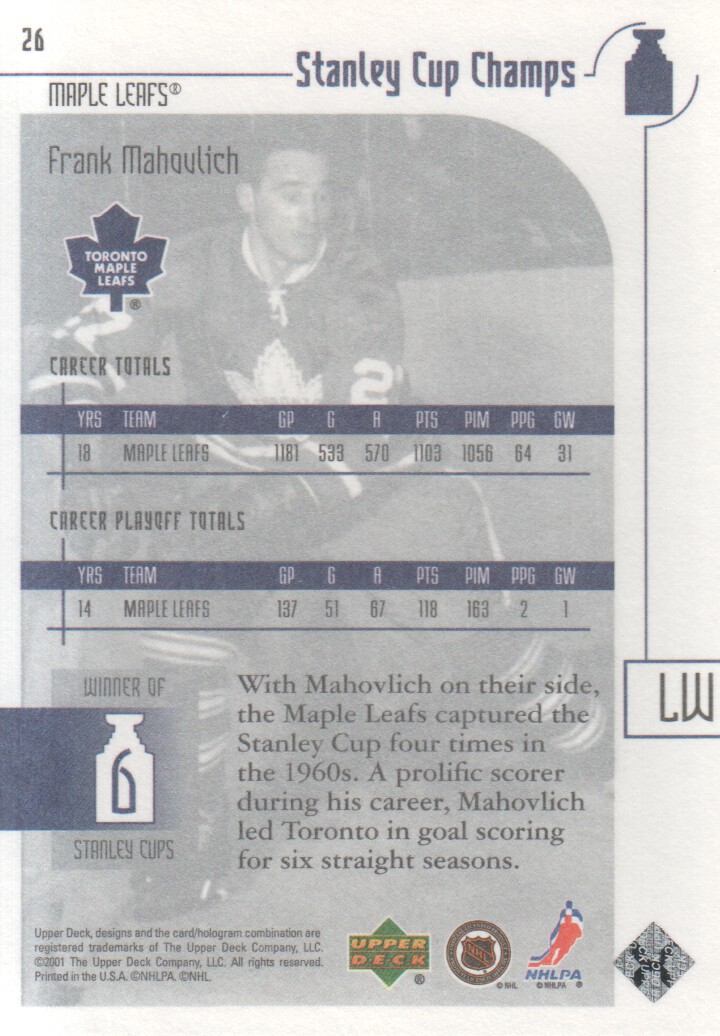 2001-02 UD Stanley Cup Champs #26 Frank Mahovlich back image