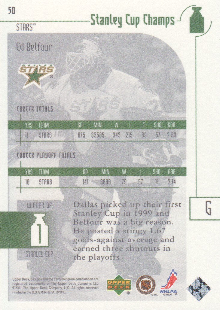 2001-02 UD Stanley Cup Champs #50 Ed Belfour back image