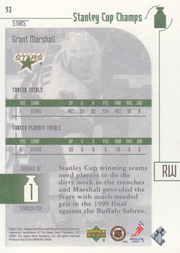 2001-02 UD Stanley Cup Champs #53 Grant Marshall back image