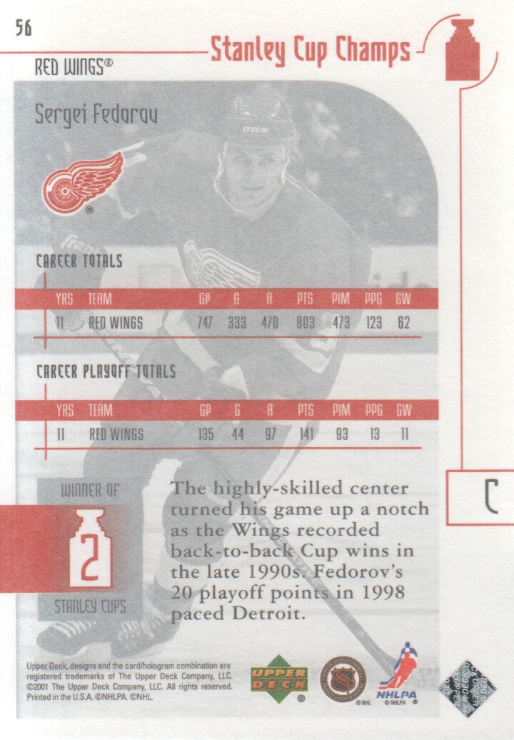 2001-02 UD Stanley Cup Champs #56 Sergei Fedorov back image