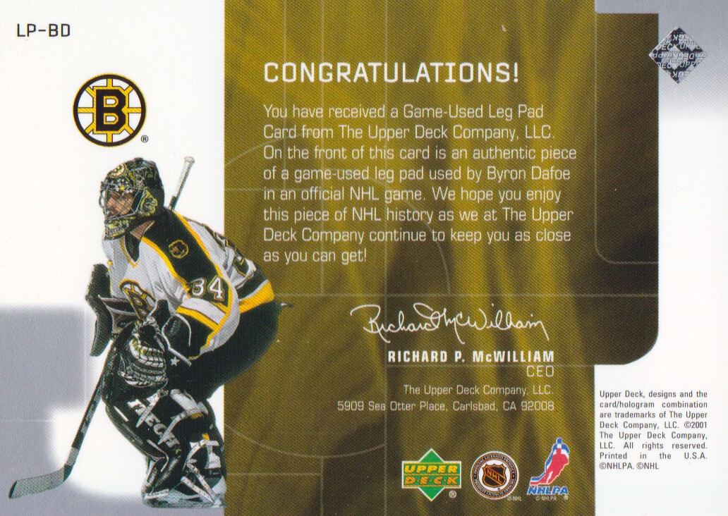 2001-02 UD Top Shelf Goalie Gear #LPBD Byron Dafoe Pad back image