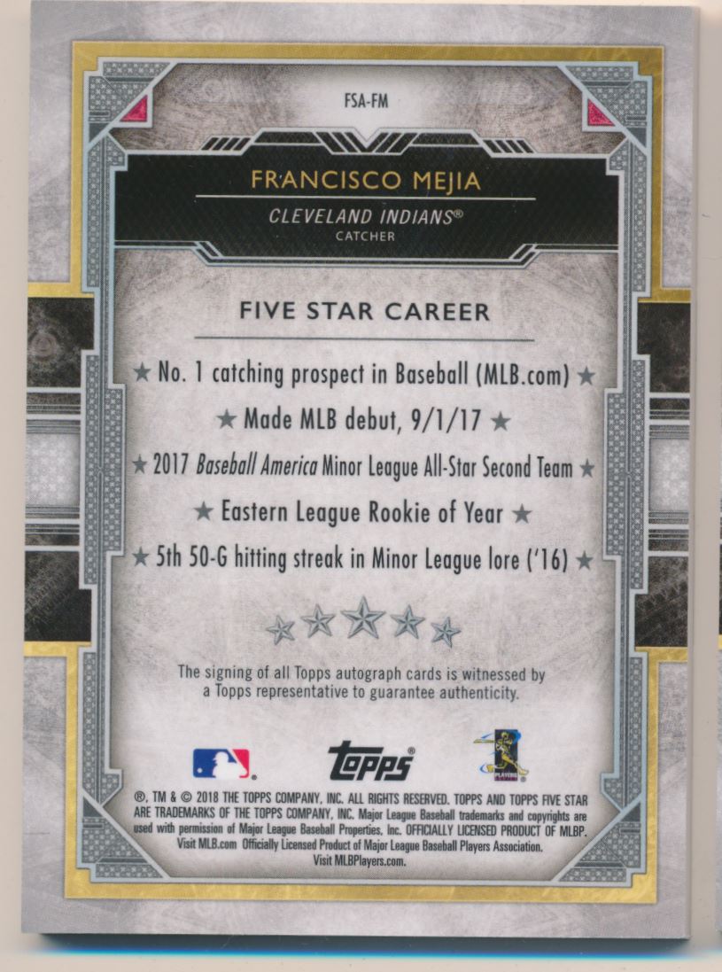 2018 Topps Five Star Autographs #FSAFM Francisco Mejia RC