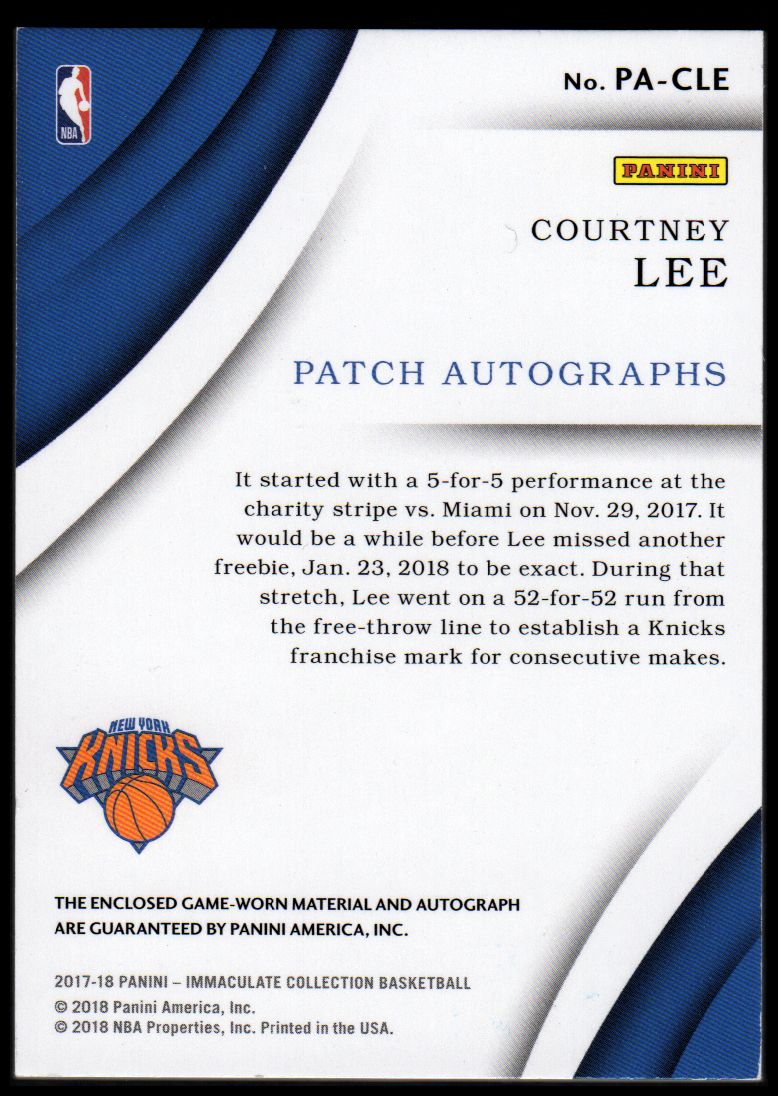 2017-18 Immaculate Collection Patch Autographs Red #15 Courtney Lee/15 back image