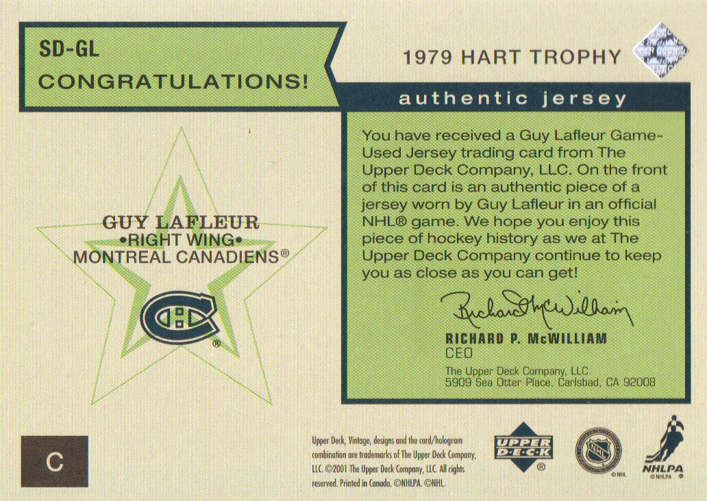 2001-02 Upper Deck Vintage Jerseys #SDGL Guy Lafleur back image