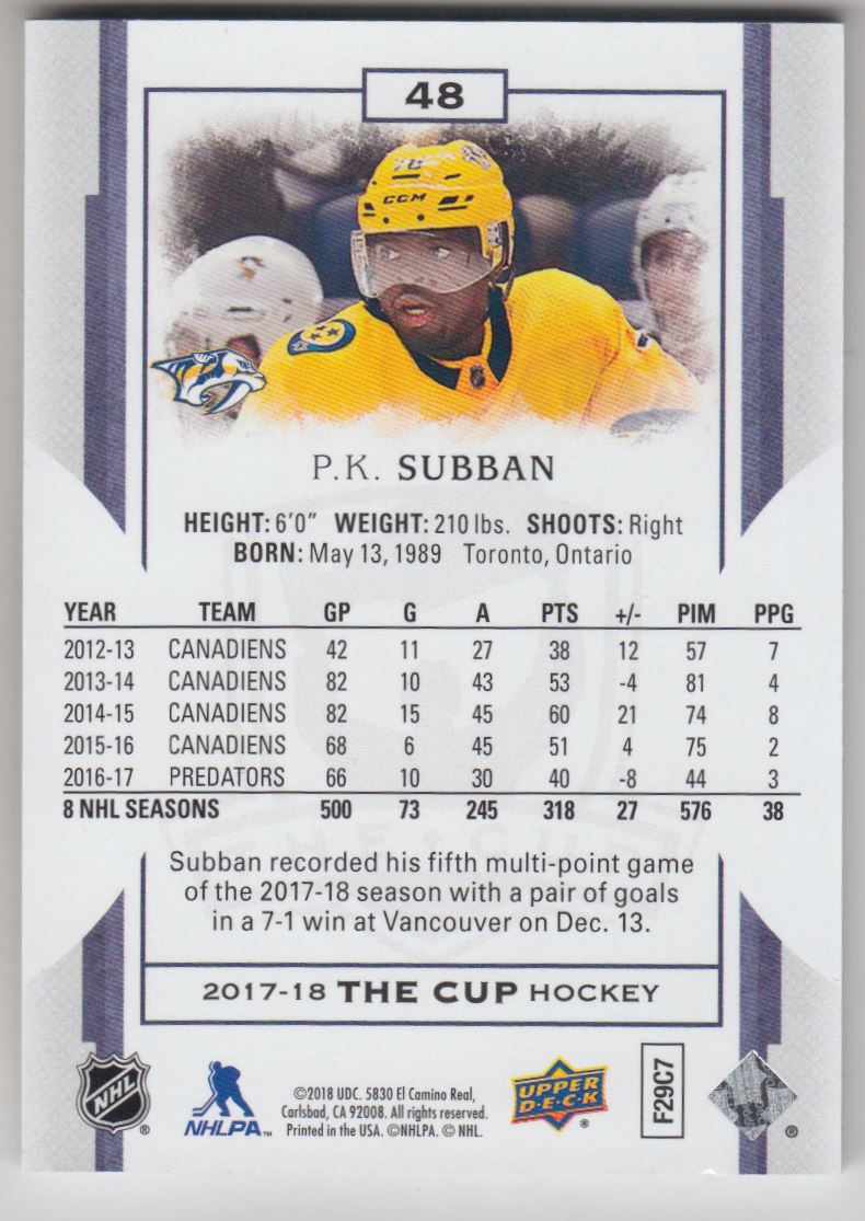2017-18 The Cup #48 P.K. Subban back image