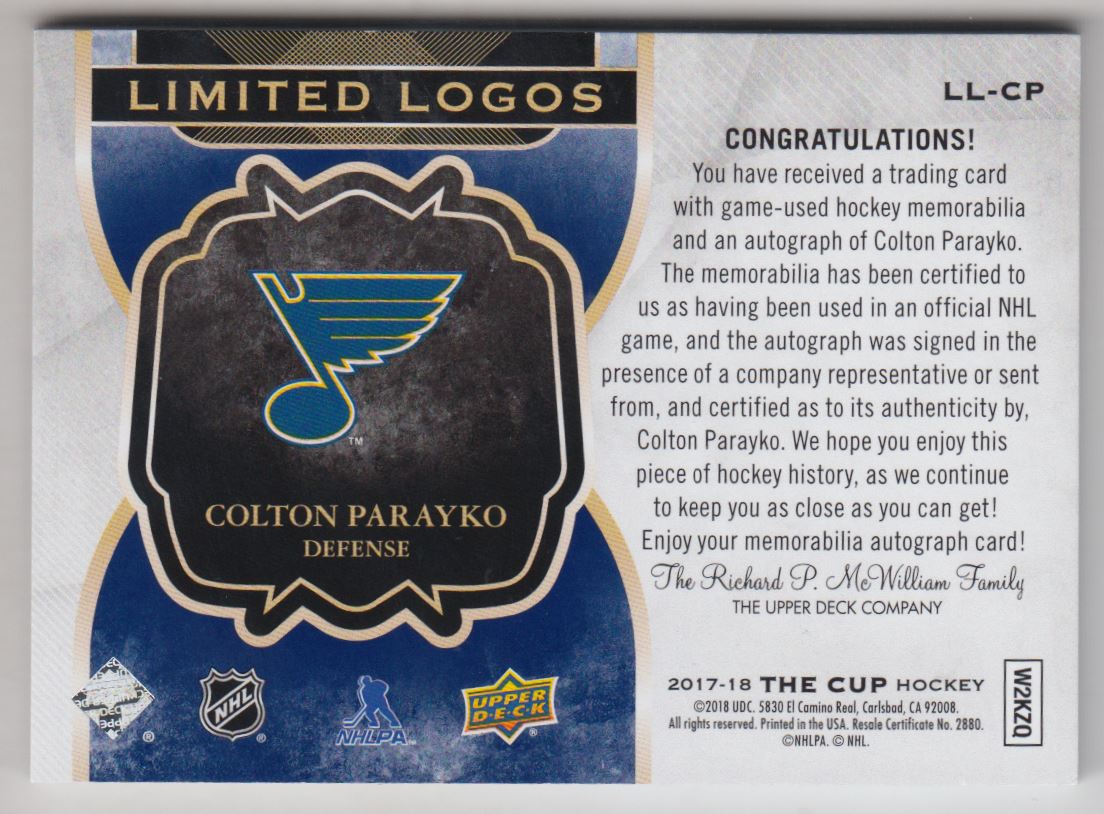 2017-18 The Cup Limited Logos Autographs #LLCP Colton Parayko/50 back image