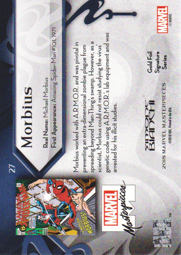 2018 SkyBox Marvel Masterpieces Gold Foil #27 Morbius back image