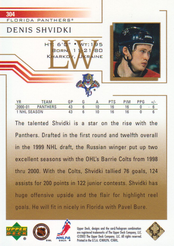 2001-02 Upper Deck Exclusives #304 Denis Shvidki back image