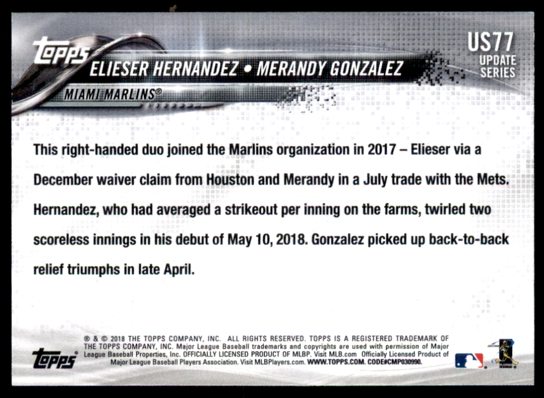 2018 Topps Update #US77 Merandy Gonzalez RC/Elieser Hernandez RC back image